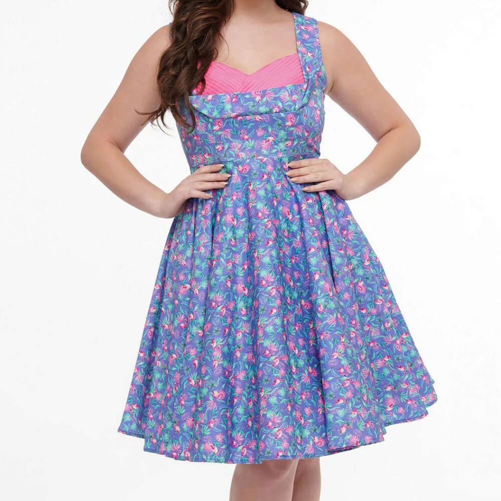 Dolly & Dotty - Grace Purple Pleated Dress in Flamingo Leaf Print. US 12/UK 16